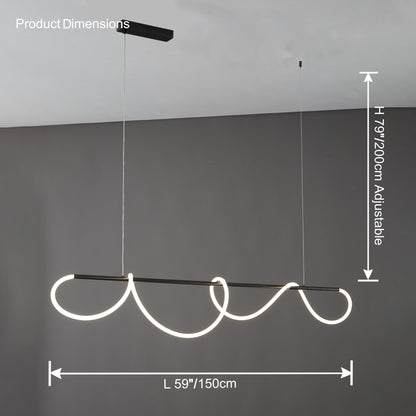 Linear LED Island Chandelier with Silicone Wave Design 43-Inch Brass Adjustable Height Dimmable Kitchen Pendant for Dining Table Modern Hang