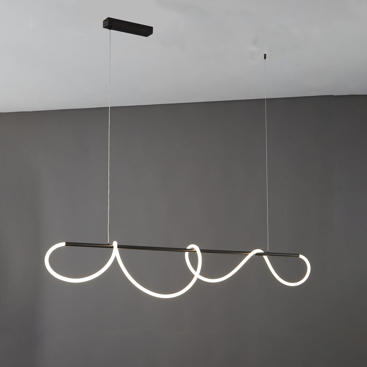 Linear LED Island Chandelier with Silicone Wave Design 43-Inch Brass Adjustable Height Dimmable Kitchen Pendant for Dining Table Modern Hang