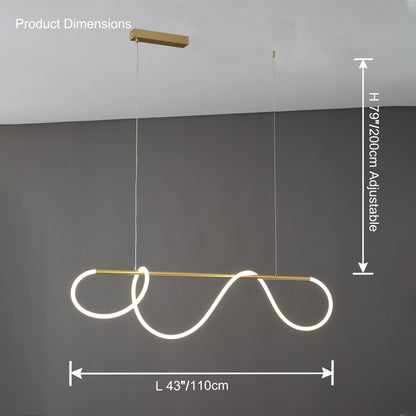 Linear LED Island Chandelier with Silicone Wave Design 43-Inch Brass Adjustable Height Dimmable Kitchen Pendant for Dining Table Modern Hang