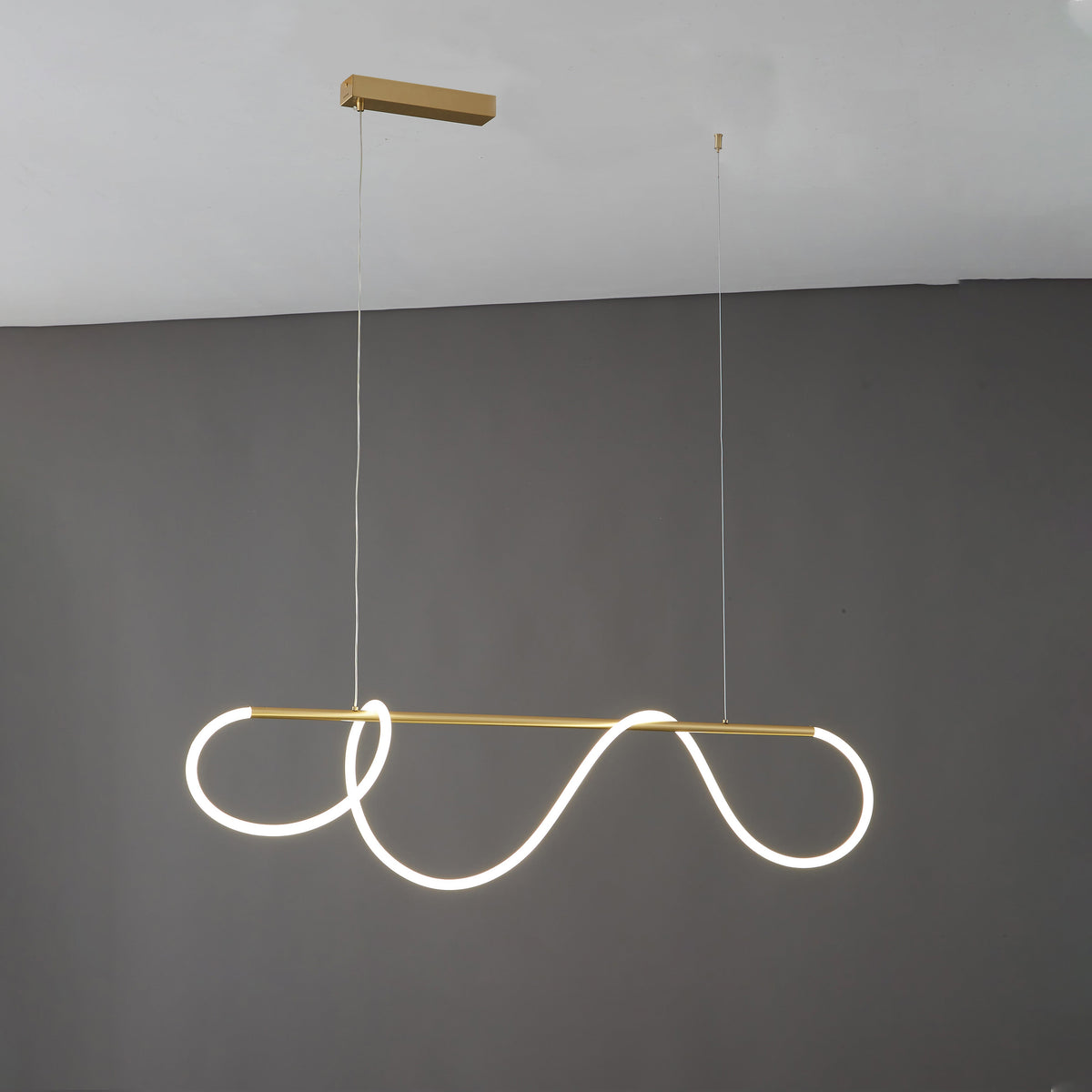 Linear LED Island Chandelier with Silicone Wave Design 43-Inch Brass Adjustable Height Dimmable Kitchen Pendant for Dining Table Modern Hang