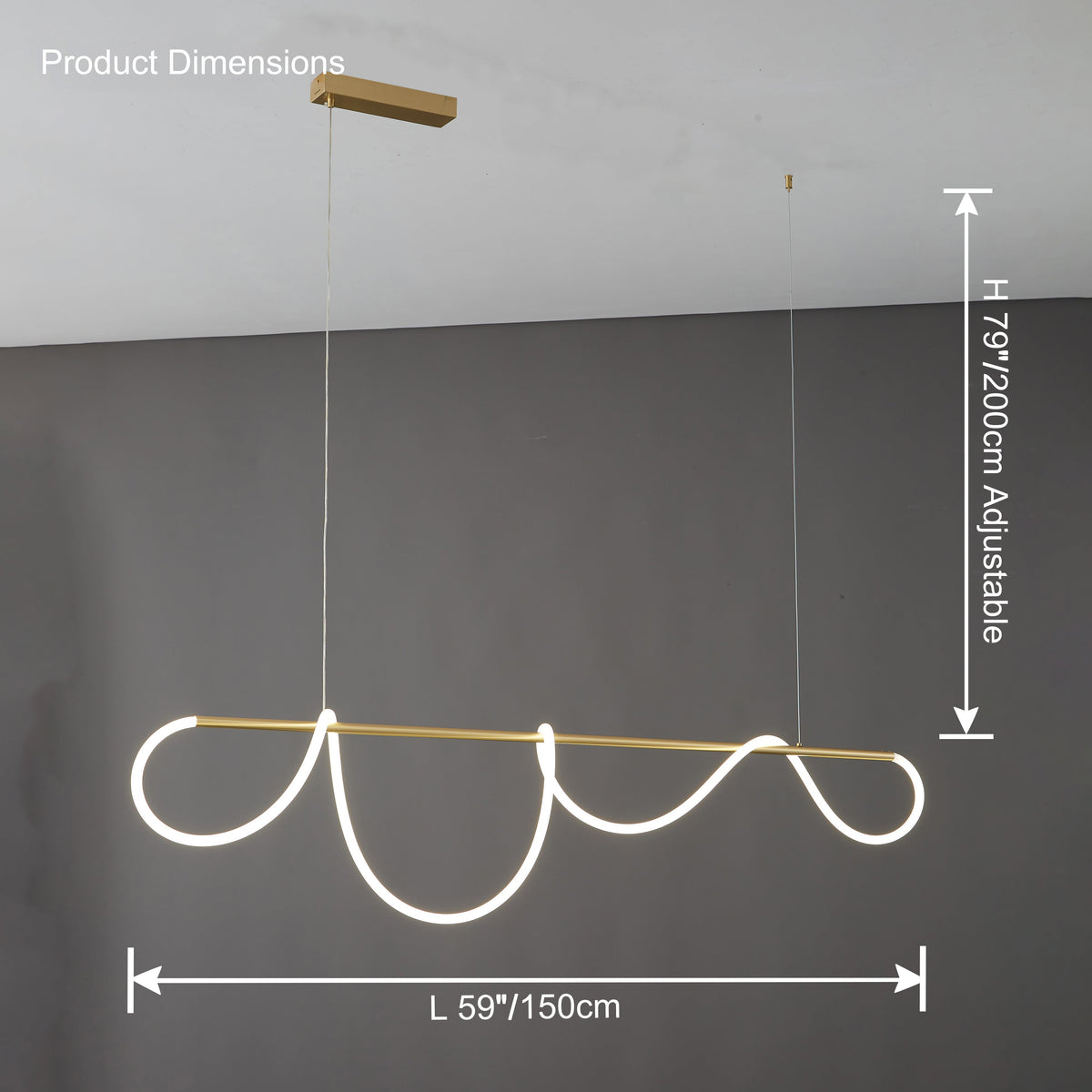 Linear LED Island Chandelier with Silicone Wave Design 43-Inch Brass Adjustable Height Dimmable Kitchen Pendant for Dining Table Modern Hang