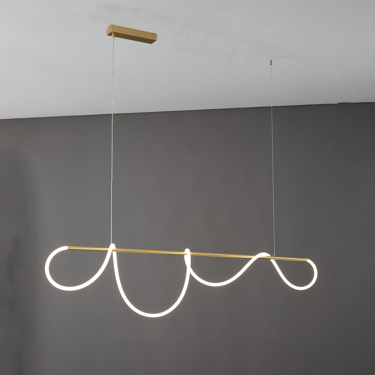 Linear LED Island Chandelier with Silicone Wave Design 43-Inch Brass Adjustable Height Dimmable Kitchen Pendant for Dining Table Modern Hang