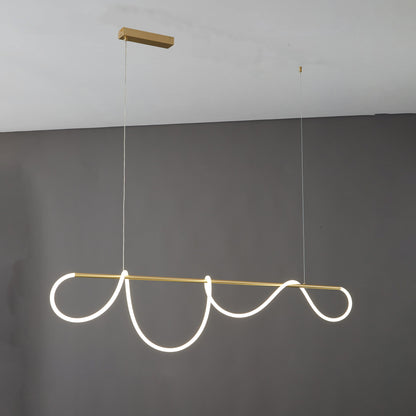 Linear LED Island Chandelier with Silicone Wave Design 43-Inch Brass Adjustable Height Dimmable Kitchen Pendant for Dining Table Modern Hang