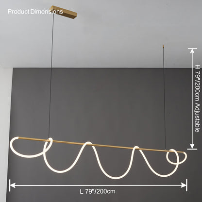 Linear LED Island Chandelier with Silicone Wave Design 43-Inch Brass Adjustable Height Dimmable Kitchen Pendant for Dining Table Modern Hang