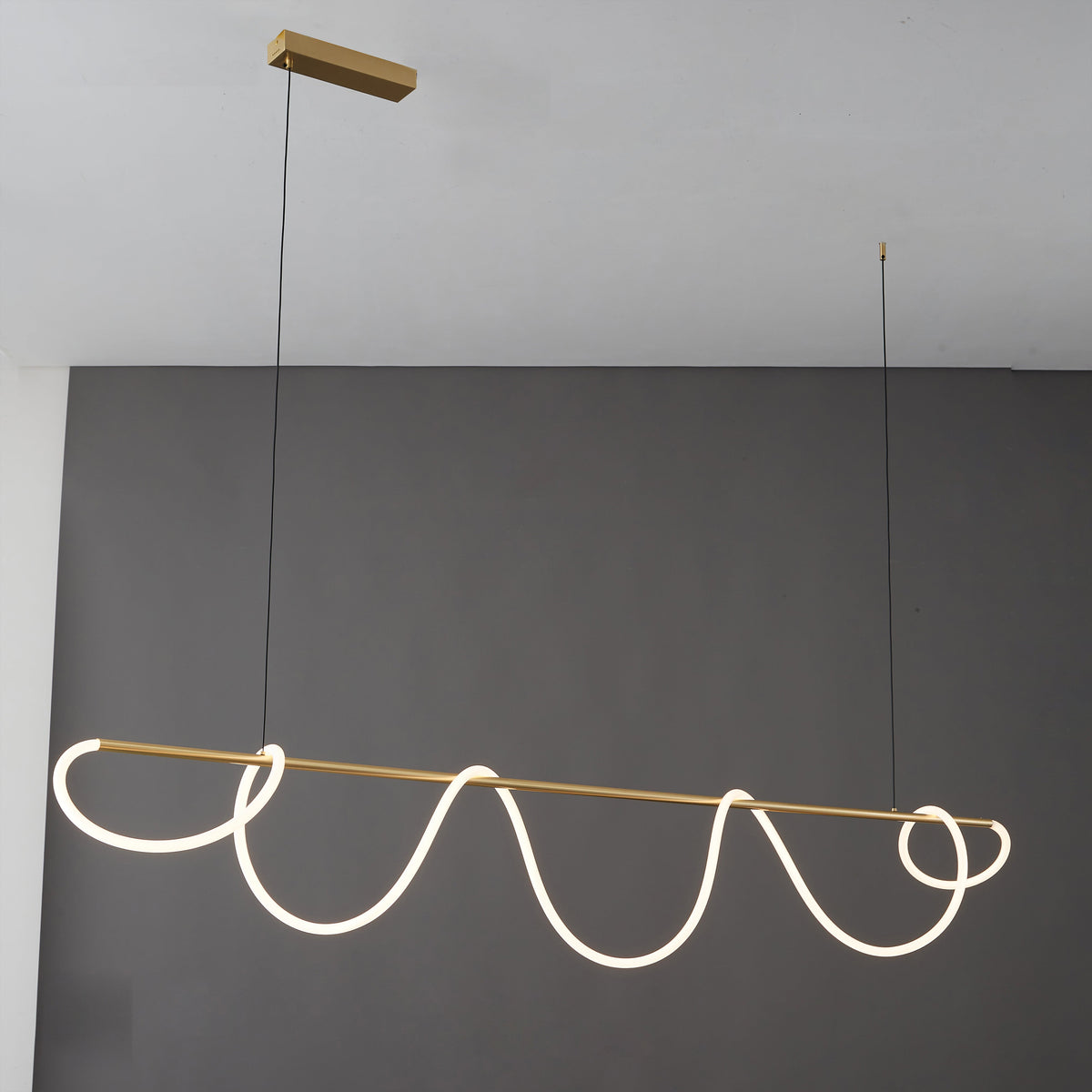 Linear LED Island Chandelier with Silicone Wave Design 43-Inch Brass Adjustable Height Dimmable Kitchen Pendant for Dining Table Modern Hang