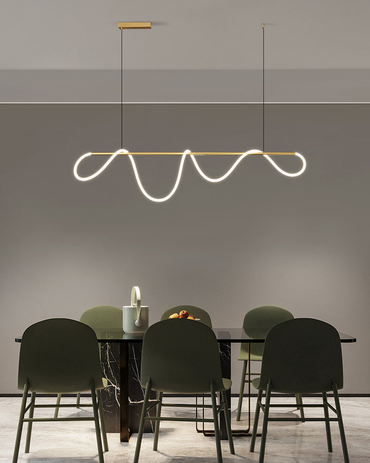 Linear LED Island Chandelier with Silicone Wave Design 43-Inch Brass Adjustable Height Dimmable Kitchen Pendant for Dining Table Modern Hang