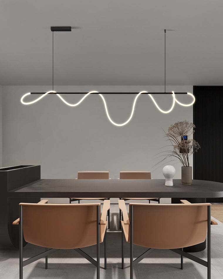 Linear LED Island Chandelier with Silicone Wave Design 43-Inch Brass Adjustable Height Dimmable Kitchen Pendant for Dining Table Modern Hang