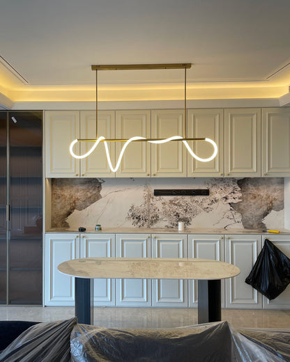 Linear LED Island Chandelier with Silicone Wave Design 43-Inch Brass Adjustable Height Dimmable Kitchen Pendant for Dining Table Modern Hang
