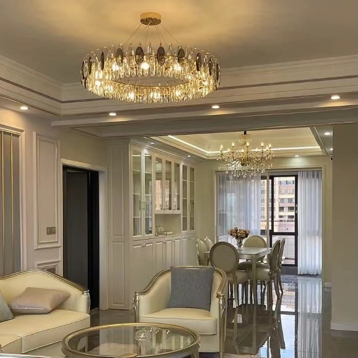 Dimmable Crystal Chandelier for Dining Room & Living Room – Adjustable Chain, Faceted Prisms, Multiple Sizes – Round & Rectangle