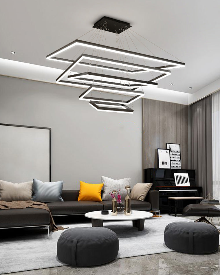Multi-Tier Linear Suspension Fixture with Integrated LED, Adjustable Cable, Matte Black Metal Frame for Dining & Living Spaces