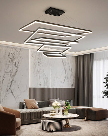 Multi-Tier Linear Suspension Fixture with Integrated LED, Adjustable Cable, Matte Black Metal Frame for Dining & Living Spaces