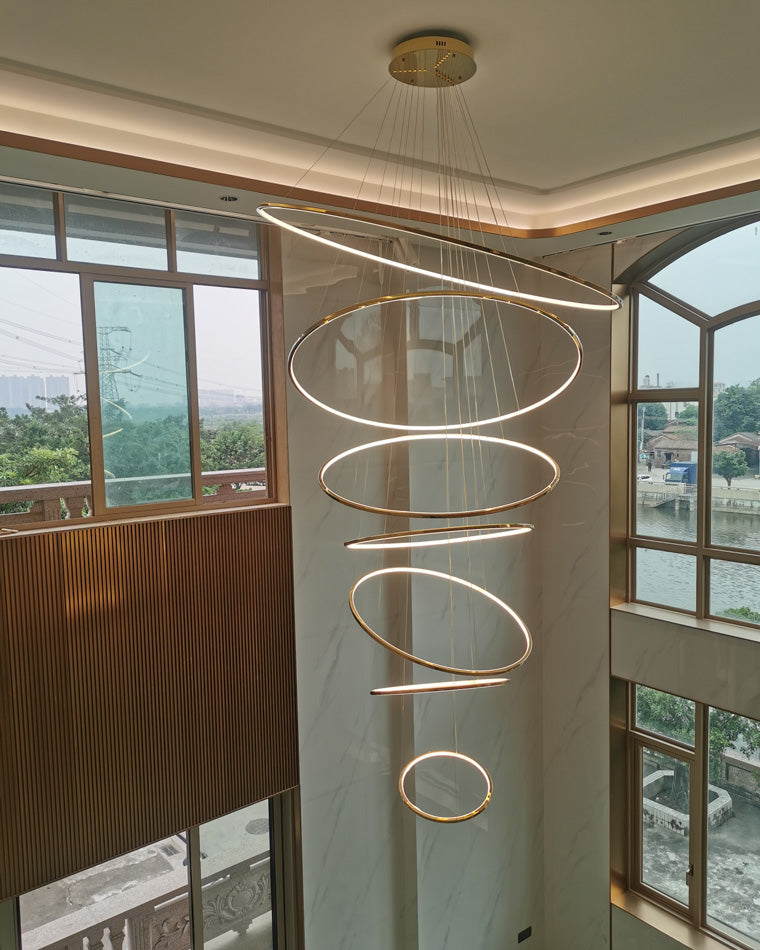 Multi-Tier Cascading LED Ring Fixture for Grand Entryways and Tall Staircases – Height-Adjustable Modern Statement Lighting with Remote Dimm