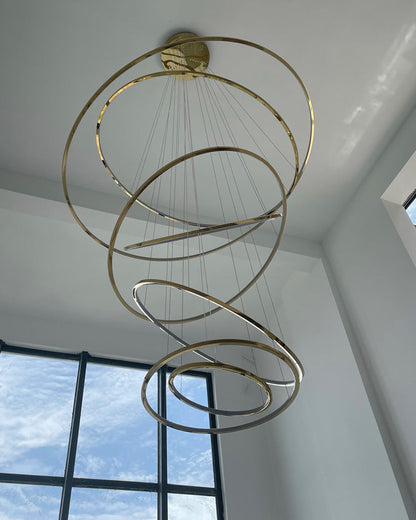 Multi-Tier Cascading LED Ring Fixture for Grand Entryways and Tall Staircases – Height-Adjustable Modern Statement Lighting with Remote Dimm