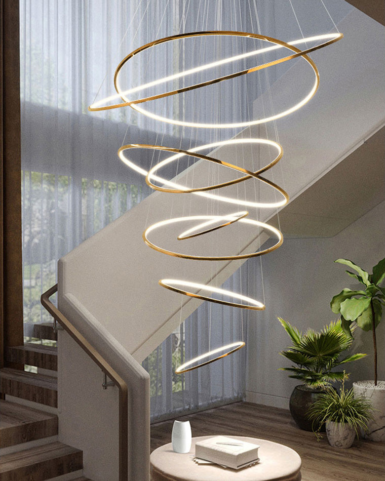 Multi-Tier Cascading LED Ring Fixture for Grand Entryways and Tall Staircases – Height-Adjustable Modern Statement Lighting with Remote Dimm
