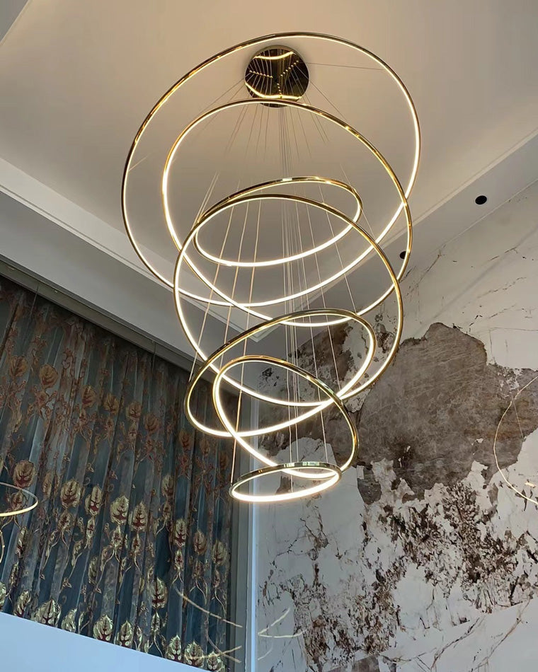 Multi-Tier Cascading LED Ring Fixture for Grand Entryways and Tall Staircases – Height-Adjustable Modern Statement Lighting with Remote Dimm