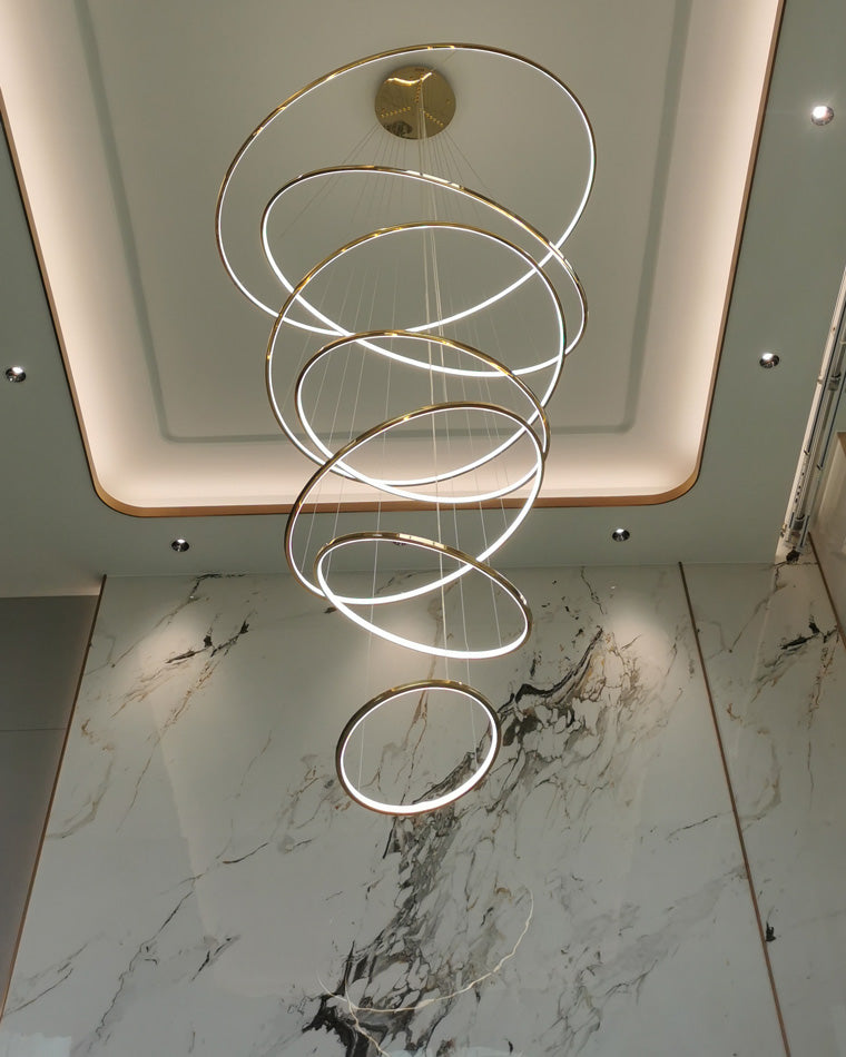 Multi-Tier Cascading LED Ring Fixture for Grand Entryways and Tall Staircases – Height-Adjustable Modern Statement Lighting with Remote Dimm