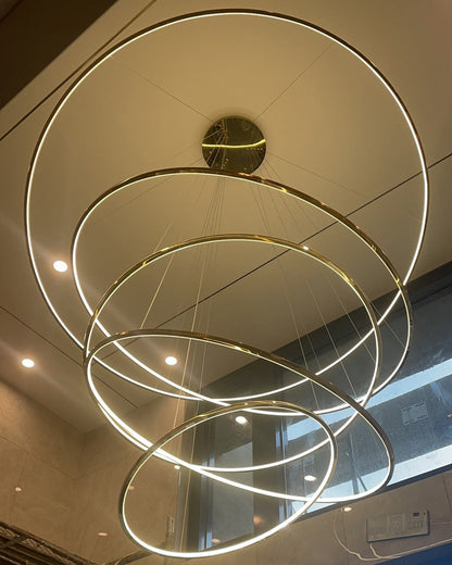 Multi-Tier Cascading LED Ring Fixture for Grand Entryways and Tall Staircases – Height-Adjustable Modern Statement Lighting with Remote Dimm