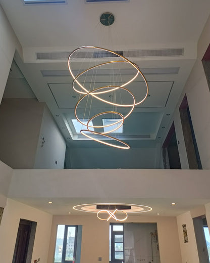 Multi-Tier Cascading LED Ring Fixture for Grand Entryways and Tall Staircases – Height-Adjustable Modern Statement Lighting with Remote Dimm
