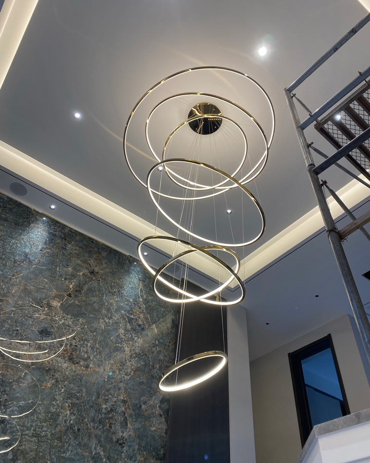 Multi-Tier Cascading LED Ring Fixture for Grand Entryways and Tall Staircases – Height-Adjustable Modern Statement Lighting with Remote Dimm