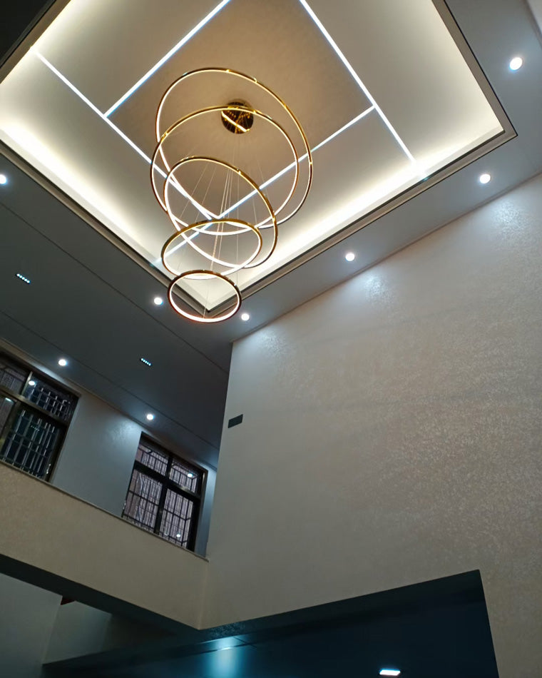 Multi-Tier Cascading LED Ring Fixture for Grand Entryways and Tall Staircases – Height-Adjustable Modern Statement Lighting with Remote Dimm