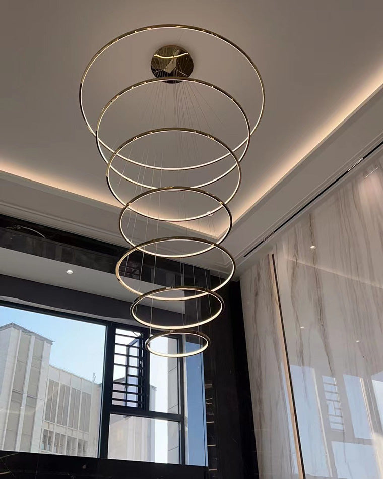Multi-Tier Cascading LED Ring Fixture for Grand Entryways and Tall Staircases – Height-Adjustable Modern Statement Lighting with Remote Dimm