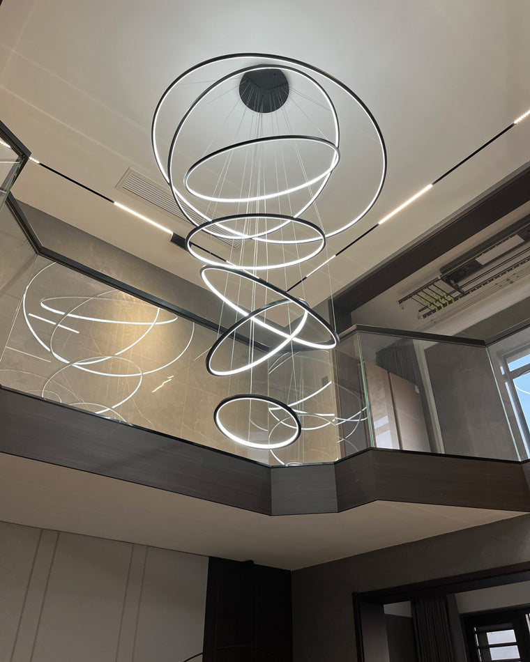 Multi-Tier Cascading LED Ring Fixture for Grand Entryways and Tall Staircases – Height-Adjustable Modern Statement Lighting with Remote Dimm
