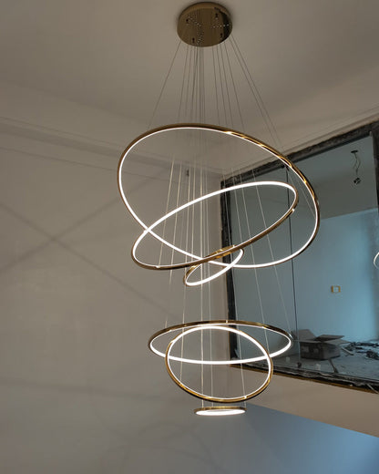 Multi-Tier Cascading LED Ring Fixture for Grand Entryways and Tall Staircases – Height-Adjustable Modern Statement Lighting with Remote Dimm