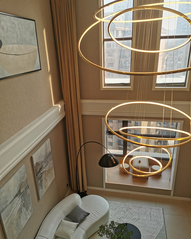 Multi-Tier Cascading LED Ring Fixture for Grand Entryways and Tall Staircases – Height-Adjustable Modern Statement Lighting with Remote Dimm