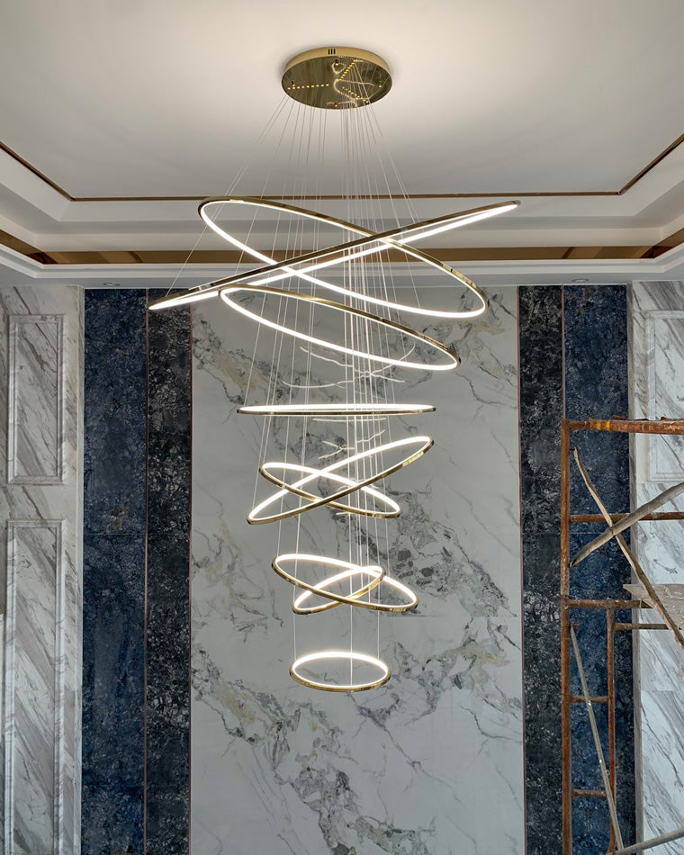 Multi-Tier Cascading LED Ring Fixture for Grand Entryways and Tall Staircases – Height-Adjustable Modern Statement Lighting with Remote Dimm