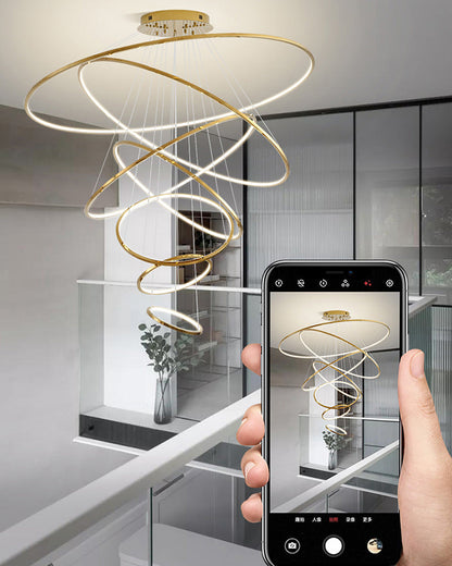 Multi-Tier Cascading LED Ring Fixture for Grand Entryways and Tall Staircases – Height-Adjustable Modern Statement Lighting with Remote Dimm