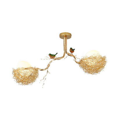 Bird Nest Pendant Light Fixture with Milky White Globe Shades | Hand-Crafted Metal Art Deco Chandelier for Dining Room, Kitchen Island &