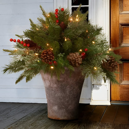 Battery-Operated LED Evergreen Spray with Pine Cones & Berries for Holiday Urns, Planters & Entryways