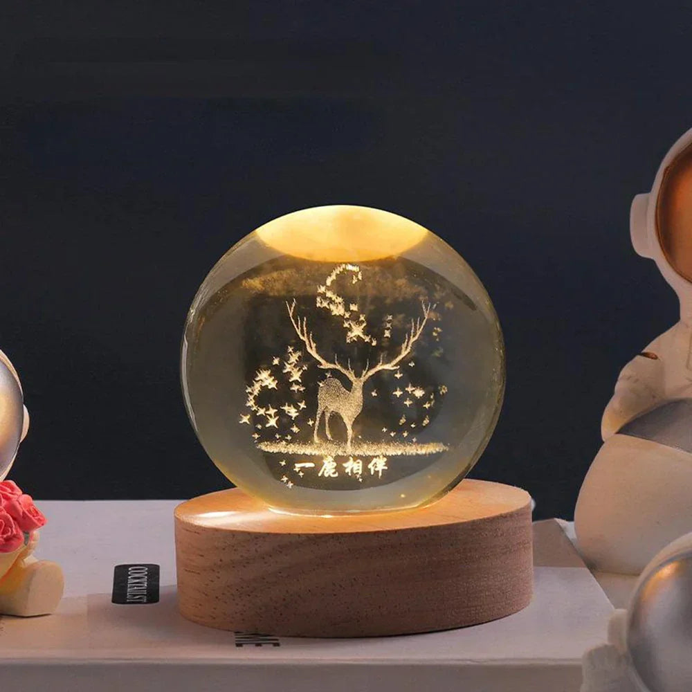 3D Engraved Crystal Planet Sphere Night Light on Wood Base USB Powered Desk Lamp Warm White LED Glow for Bedroom Living Room Nursery Space