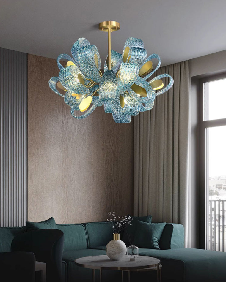 19-Light Glass Ceiling Fixture with Peacock Art Design for Dining Rooms & Large Spaces