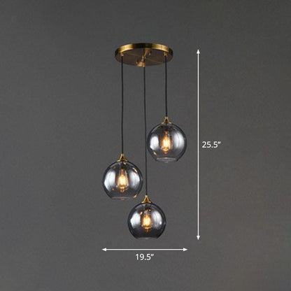 Three-Light Hanging Ceiling Fixture with Tapered Glass Globes in Antique Brass Finish for Dining Room Kitchen Island