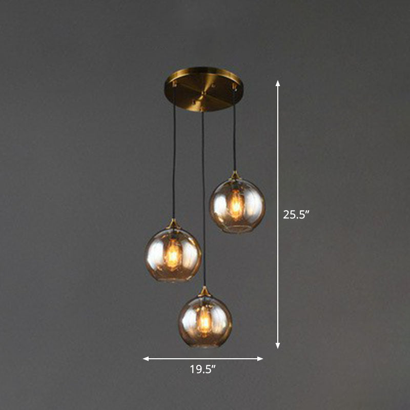 Three-Light Hanging Ceiling Fixture with Tapered Glass Globes in Antique Brass Finish for Dining Room Kitchen Island