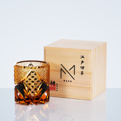 Japanese Cut Crystal Whiskey Tumbler with Gift Box | Dark Amber Hand-Etched Old Fashioned Glass for Scotch Bourbon Spirits | Medieval Knight