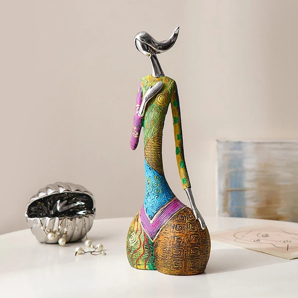 Hand-Painted Abstract Woman Figurine Sculpture | Colorful Resin Statue for Modern Home Decor | Shelf Decor Living Room