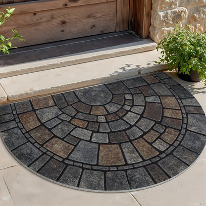 Semicircular Entryway Mat with Cobblestone Pattern for Indoor Outdoor Front Door Patio Garden Non-Slip Polyester Rug