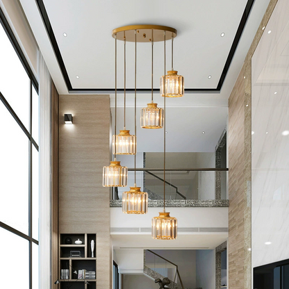 Multi-Tier Hanging Fixture with Crystal Droplets & Brass Frame for Two-Story Foyer, Dining Room, Stairwell – Adjustable Height Spiral Arrang