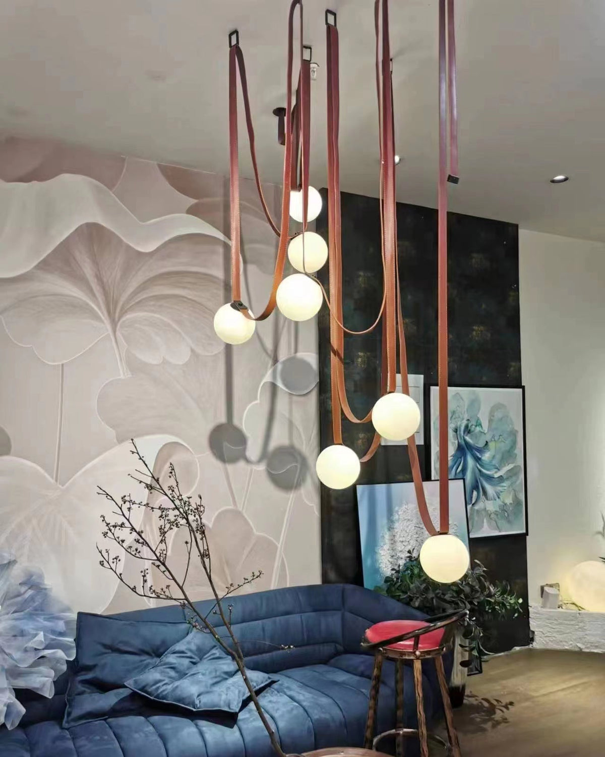 Leather Hanging Lamp with Glass Shade 6-Inch Brown Fixture for Kitchen Island Dining Table Multi-Light Ceiling Suspension for Modern Contemp