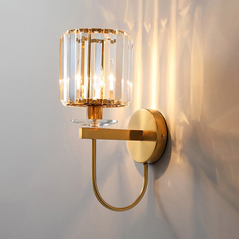 Contemporary Crystal Wall Sconce with Arched Bracket – Single-Light Gold Metal Fixture for Hallways & Bedrooms