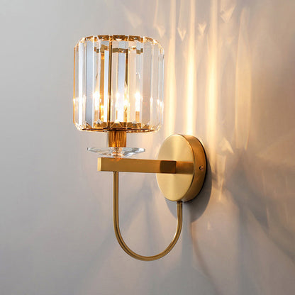 Contemporary Crystal Wall Sconce with Arched Bracket – Single-Light Gold Metal Fixture for Hallways & Bedrooms
