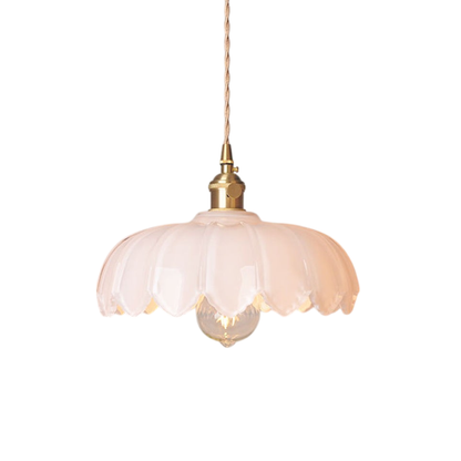 Floral Glass Hanging Light for Kitchen Island & Dining Table – Adjustable Cord, Textured Shade, Brass Accent – 8 in Diameter Fixture for Mod