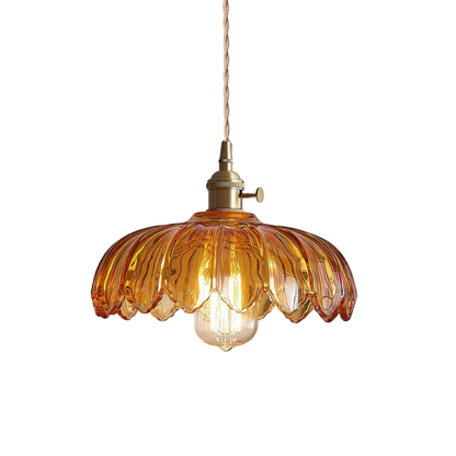 Floral Glass Hanging Light for Kitchen Island & Dining Table – Adjustable Cord, Textured Shade, Brass Accent – 8 in Diameter Fixture for Mod