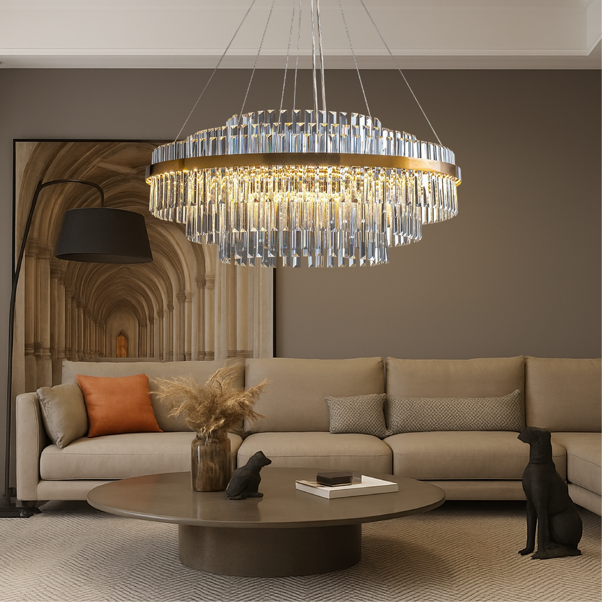 Crystal Chandelier Fixture Round Rectangular LED Warm White Adjustable Height Gold Metal Dining Table Overhead Modern Ceiling Light for Livi