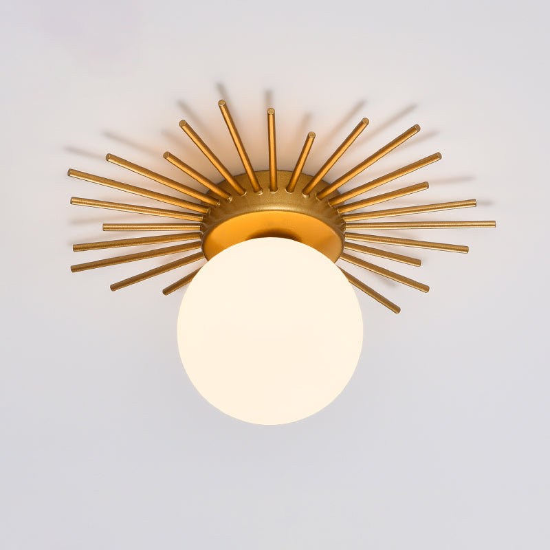 Contemporary Sphere Flush Mount Ceiling Fixture – Gold Metal Frame, Cream Frosted Globe – Low Profile Hallway & Bedroom Lighting for