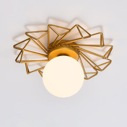 Contemporary Sphere Flush Mount Ceiling Fixture – Gold Metal Frame, Cream Frosted Globe – Low Profile Hallway & Bedroom Lighting for