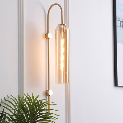 Curved Arm Wall Sconce with Ribbed Glass Shade – Single Bulb Metal Fixture for Bedroom, Hallway, Dining Room – Retro Modern Indoor Lighting