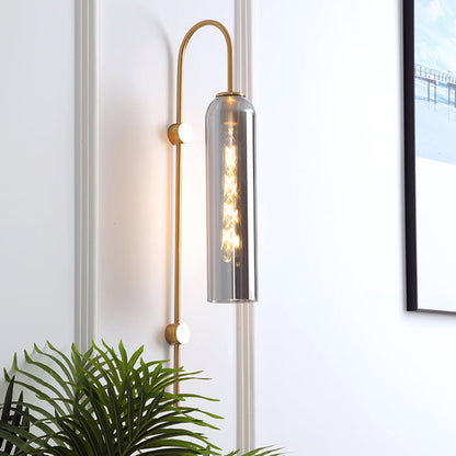 Curved Arm Wall Sconce with Ribbed Glass Shade – Single Bulb Metal Fixture for Bedroom, Hallway, Dining Room – Retro Modern Indoor Lighting